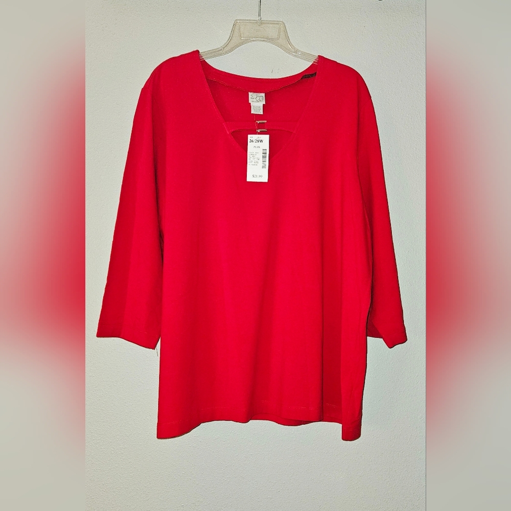 Women's Red V-Neck 3/4 Sleeve Stretchy Top Size 26/28W NWT